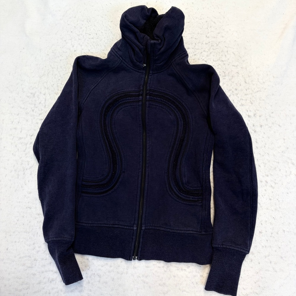 Lululemon Scuba Full Zip Hoodie Womens 4 Navy Blue Embroidered Logo Thumbholes